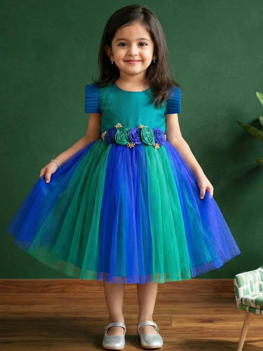 Stanwells Kids Baby Girls Peacock Blue Birthday Net Frock with Colorful Flower Embroidery | Sleeveless Knee-Length Dress with Ruffle Pattern | Flared Fancy Outfit Gift for Daughter