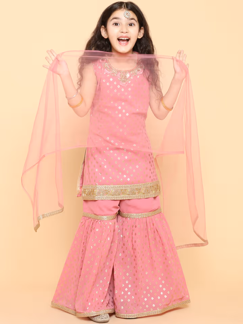 AJ DEZINES Girls Sharara Kurta Set | Georgette Sleeveless Kurti Set | Ethnic Wear for Girls | Foil Printed Sharara Suit | Stylish Kids Kurta for Festivals Weddings & Special Occasions