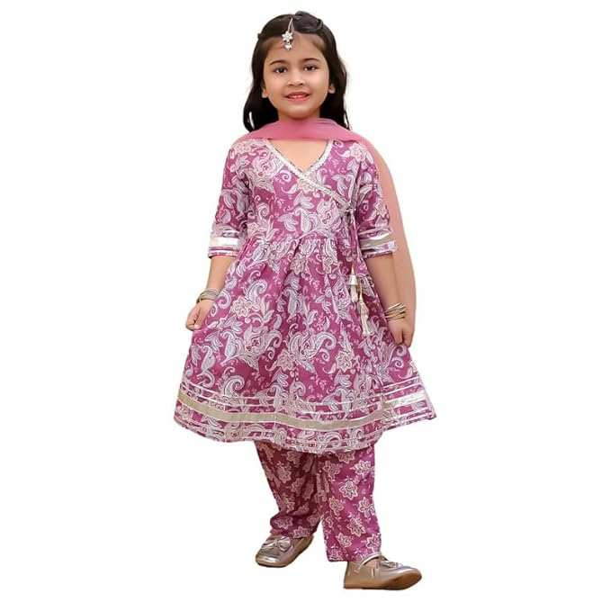 superminis Girls Cotton Floral Printed Angrakha Gotta Patti Kurti Pant Set with Net Dupatta