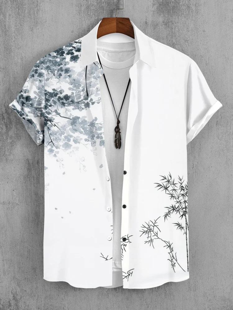 Men's Casual Short Sleeve Shirt, White with Bamboo and Floral Print, Regular Fit Placement Printed Lycra Shirt