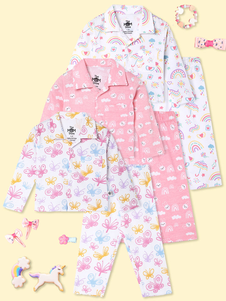 The Mom Store Baby and Kids Cotton Printed Pyjama Set Combo | Printed | Cotton | Nightwear | Sleepwear | Trendy Nightsuit Set for Boys and Girls