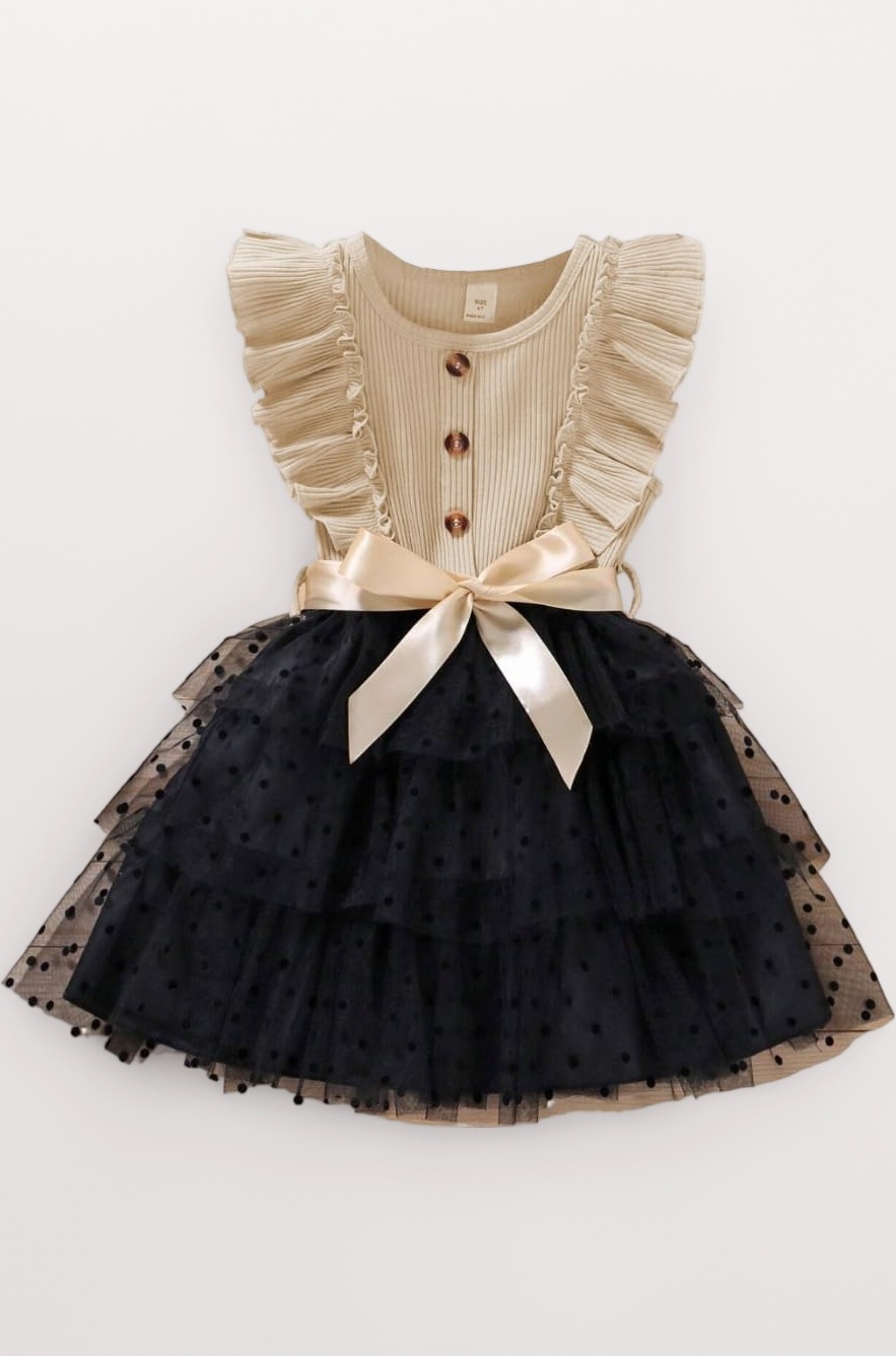 TAGAS Toddler Girls Polka Dot Ruffle Trim Belted Mesh Dress Floral Pattern Frock for Girls (KD-1015)