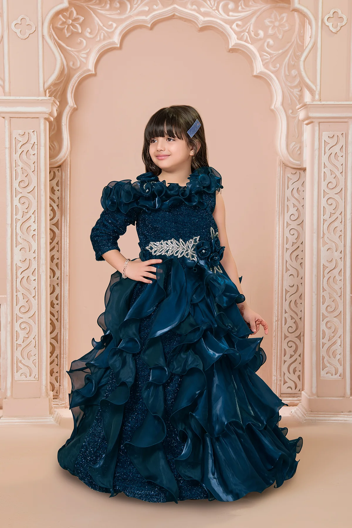 Kids-Girls Organza Woven 3/4th Sleeves Multi Layered Velvet Furr Bodice Embellished Party Gown-Teal