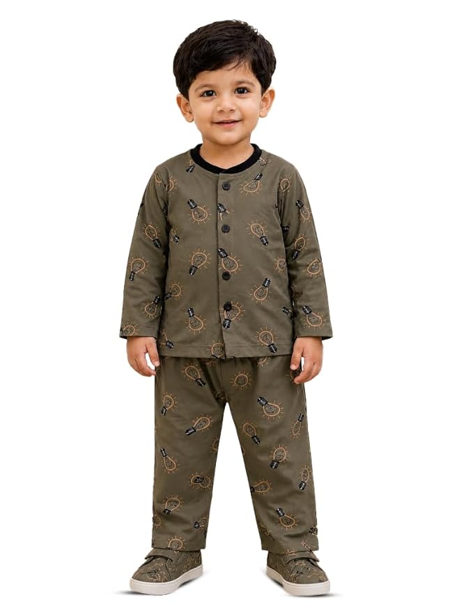 3BROS Cotton Bodysuit Dress with Full Pajama and Full Sleeves Night Suit Top Combo Set for Boys & Girls Baby Home Wear and Sleepwear Pack of 1 (Brown, 18-24 Months)