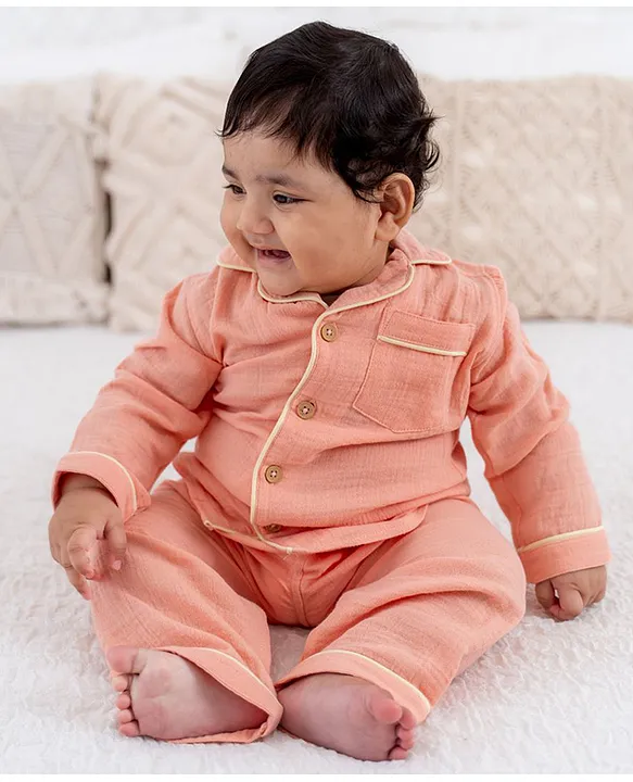 A toddler thing Organic Muslin Dyed Sleepsuit | Full Sleeves | Full Cover Dress | Top & Pants | Night Suit for Boys & Girls | Sleepwear Baby Products | Night Wear Rompers