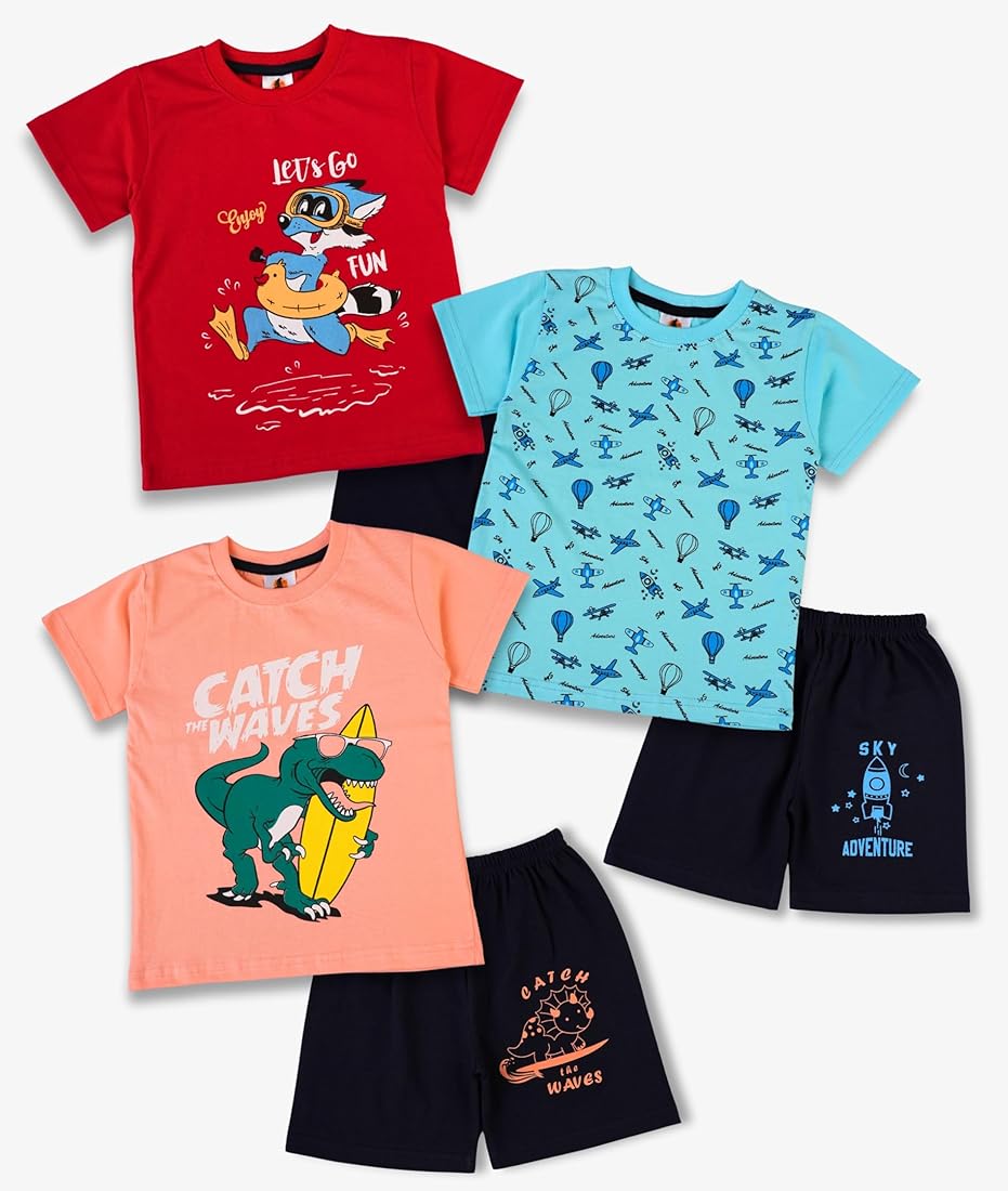 Baby Boys & Girl's Soft Cotton Printed Half Sleeve t-Shirt and Shorts Pants, Night Suit | Assorted Print | Pack of 6