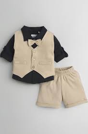BUMZEE Boys Cotton Shirt Waistcoat & Short Set With Applique Bow