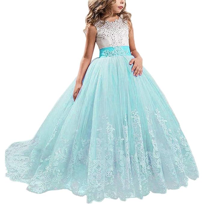 3D Embroidered Flowers Princess Lace Dress for Girls Birthday Party Prom Girl's Special Occasion Performances Host Evening Gown