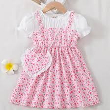 Niren Enterprise Girl's Crispillo Floral Printed Short Sleeve Cotton Knee-Length Baby Frock With Purse
