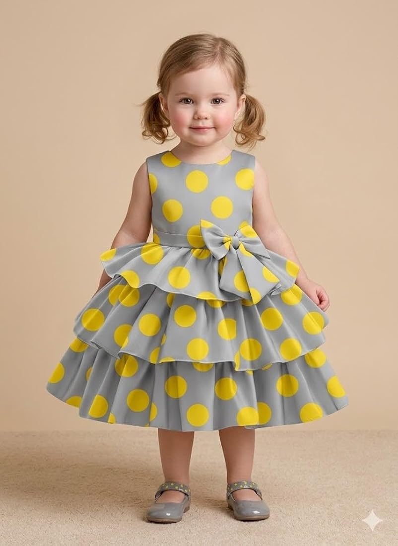 A.T.U.N. (ALL THINGS UBER NICE) Baby Girls Tiered Knee-Length Polka Dot Dress | Sleeveless Gathered Party Style Outfit with Bow Detail | Cute Stylish Dress for Infants