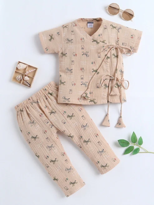 POLKA TOTS Baby Jhabla & Pant Set | 100% Cotton Muslin | Full Sleeve Printed Top + Soft Bottom | Unisex Outfit for New Born, & Toddlers