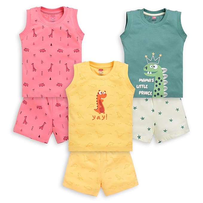 LuvLap Baby Boys Regular Fit 100% Cotton Sleeveless Boys T-Shirt & Shorts Set Pack of 3