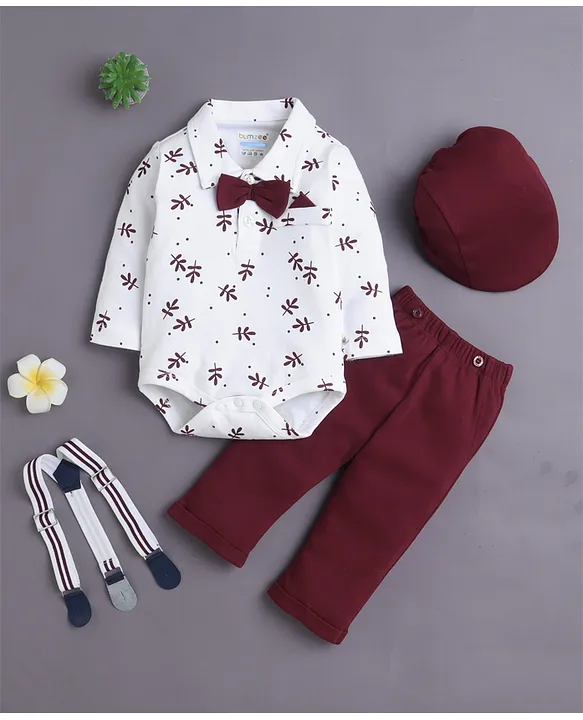 BUMZEE Boy's Cotton Printed Full Sleeves Bodysuit Pant Set With Suspender & Cap