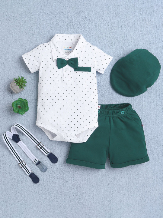 BUMZEE Boy's Cotton Printed Half Sleeves Bodysuit & Short Set With Bow Suspender & Cap (Peb9029)