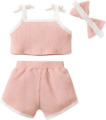 Hopscotch Girls Cotton And Polyester Solid T-shirt and Shorts with Headband in Pink Color