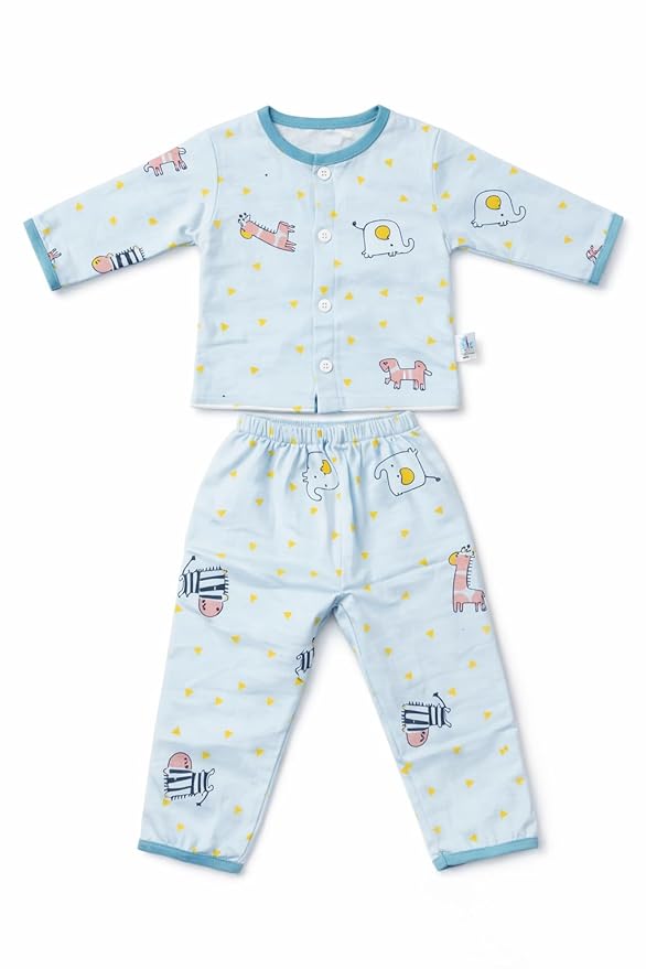 BABY STATION Baby Boys & Girls Muslin Cotton Night Suit Set – Full Sleeves Shirt & Pajama with Cute Print – Soft & Breathable Sleepwear for Newborns & Infants