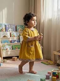 KOSHMOSH Pure Soft Cotton Frock for Baby Girl 3/4 Bell Sleeves Dress with Single Pocket Stylish Knee Length Casual Dress for Girls with Astar/Lining