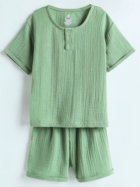 The Boo Boo Club Muslin Shirt and Short Set GOTS Certified Organic Cotton | Short Sleeve Snap Button Vest | Summer Wear Set | Printed Shirt with short