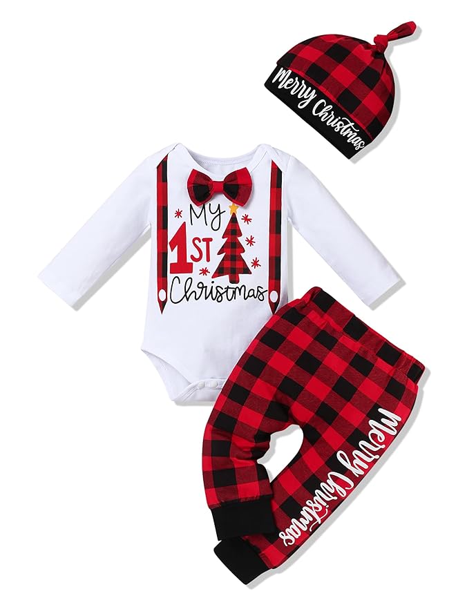 My First Christmas Baby Boy Outfits Long Sleeve Romper Striped Pants with Hat Christmas Infant Clothes Sets