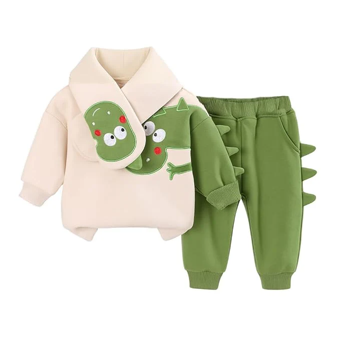 Bold N Elegant Kids Fleece Lined Winter Sweatshirt, Joggers & Muffler Set | Warm Dino & Panda Print Co-Ord Set for Boys & Girls Upto 6 Years