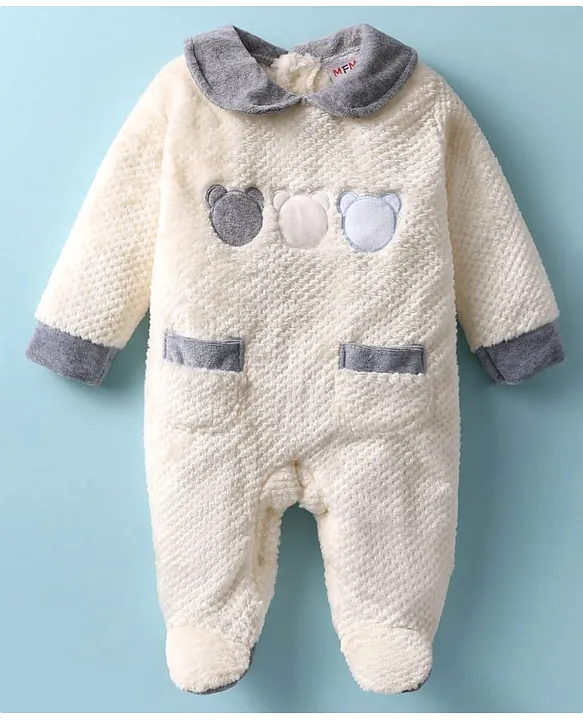 Kookie Kids Full Sleeves Front Open Winter Wear Fur Romper with Text Embroidery - Light Blue