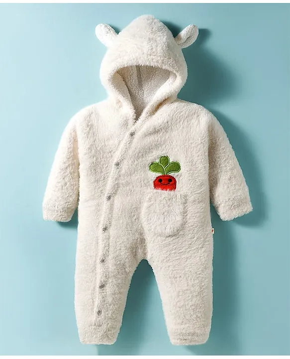 Mark & Mia Knit Full Sleeves Winter Wear Fur Hooded Romper With Pocket & Badge Detailing & Teddy Applique - Off White