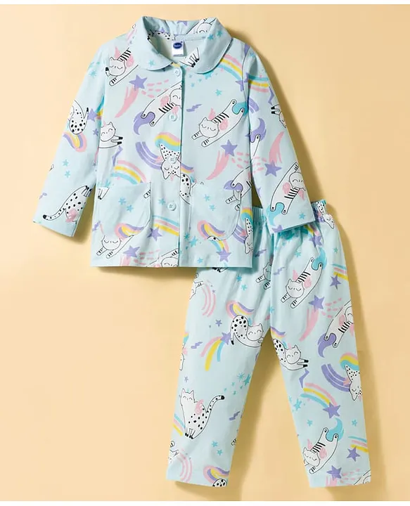 Teddy Sinker Knit Full Sleeves Co-ords Night Suit With Cloud Print - Blue