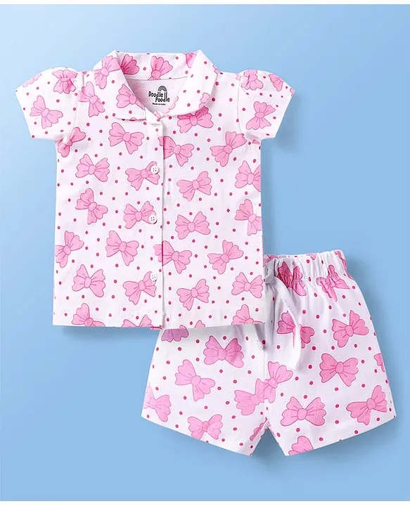 Babyhug Cotton Knit Half Sleeves Co-ords Night Suit With Animal Print - Pink