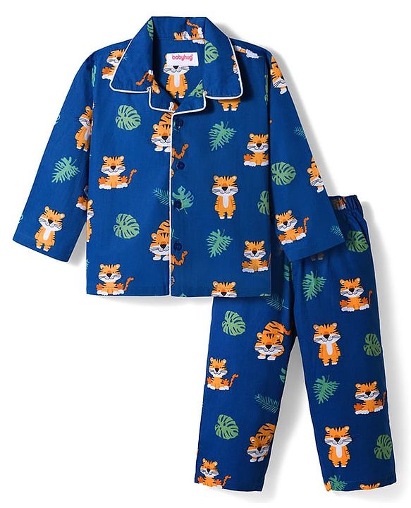 Babyhug Cotton Woven Full Sleeves Co-ords Night Suit With Animal Print - Blue