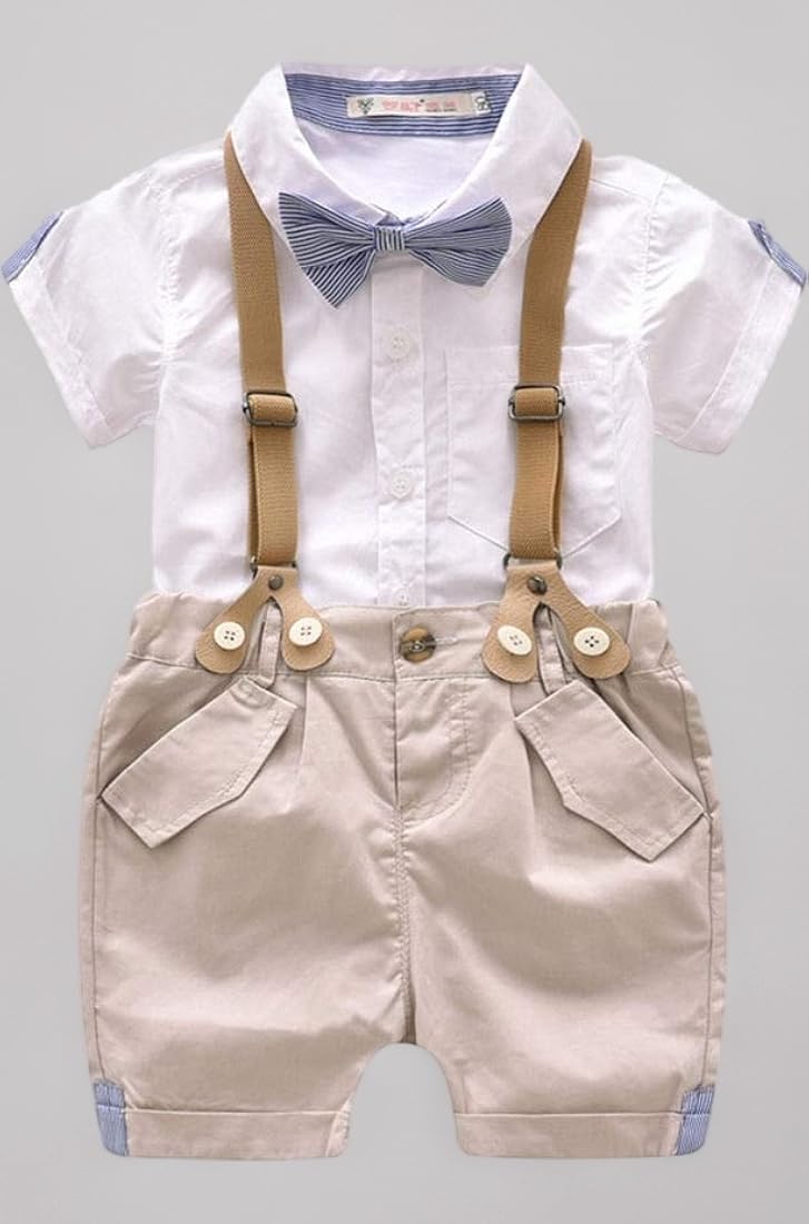 CosmicKolors® Stylish Gentleman Half Sleeves Shirt and Suspender Style Shorts Set | White Formal Clothing Set for Baby Boys