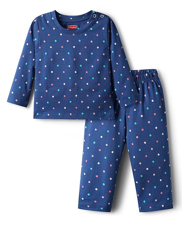 Babyhug Cotton Knit Full Sleeves Co-ord Night Suit With Polka Dot Print & Bow Applique - Navy Blue