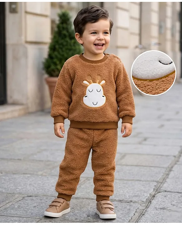 Mark & Mia Full Sleeves Winter Wear Fur Sweatjacket & Lounge Pant Set with Shark Patch Detailing - Light Brown