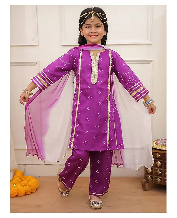 Cotton Round Neck Full Sleeves Printed Regular Bhandhej Peplum Kurti Set For Baby Girls