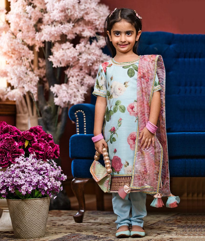 Cotton Round Neck Full Sleeves Regular Floral Printed Kurti with Pants For Baby Girls