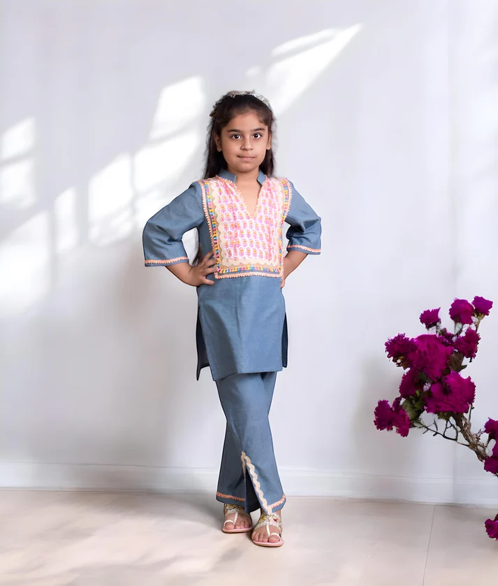 Denim Round Neck 3/4 Sleeves Solid Regular Denim Kurti with Pant For Baby Girls