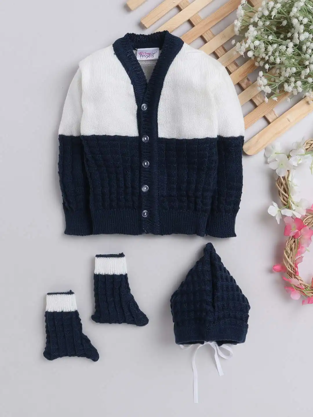 Little Angels Baby Sweater Set - 4 Pcs Woollen Full Sleeves V-Neck Color-Block Sweater, Pants, Cap & Socks for 0 to 12 Months