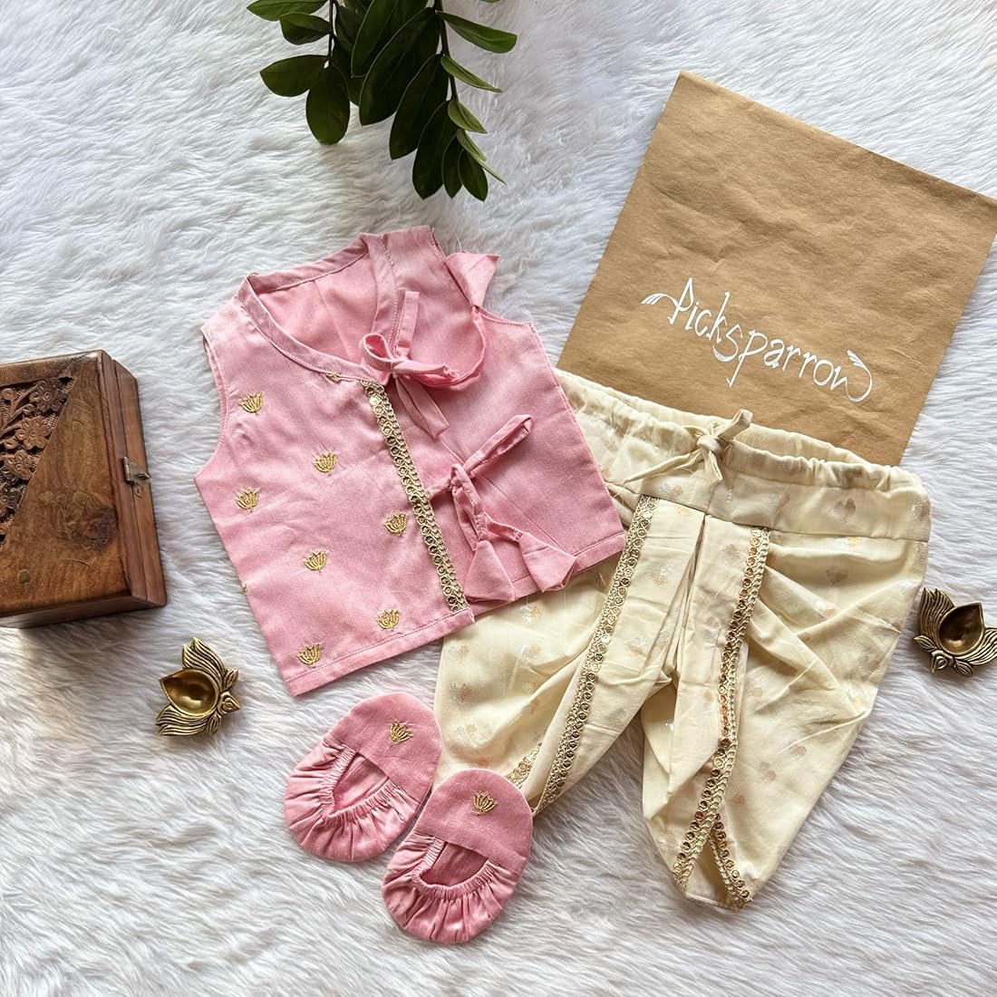 Picksparrow Baby Boy Cotton Silk Jhabla with Cotton Lurex Dhoti pant and Booties