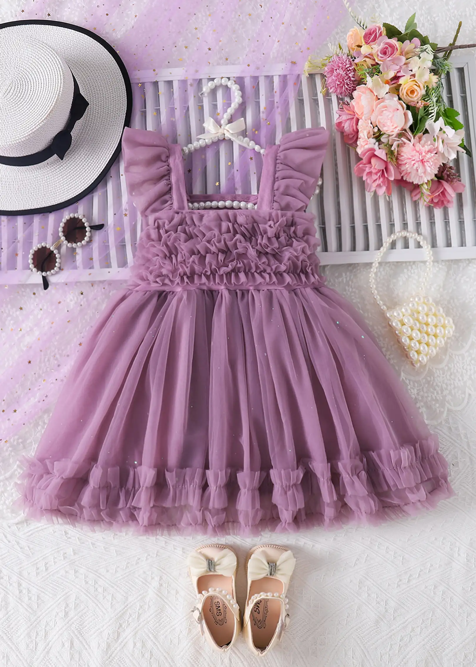 Hopscotch Girls Ruffled Sleeves Lavender Butterfly Whisper Onesie Dress