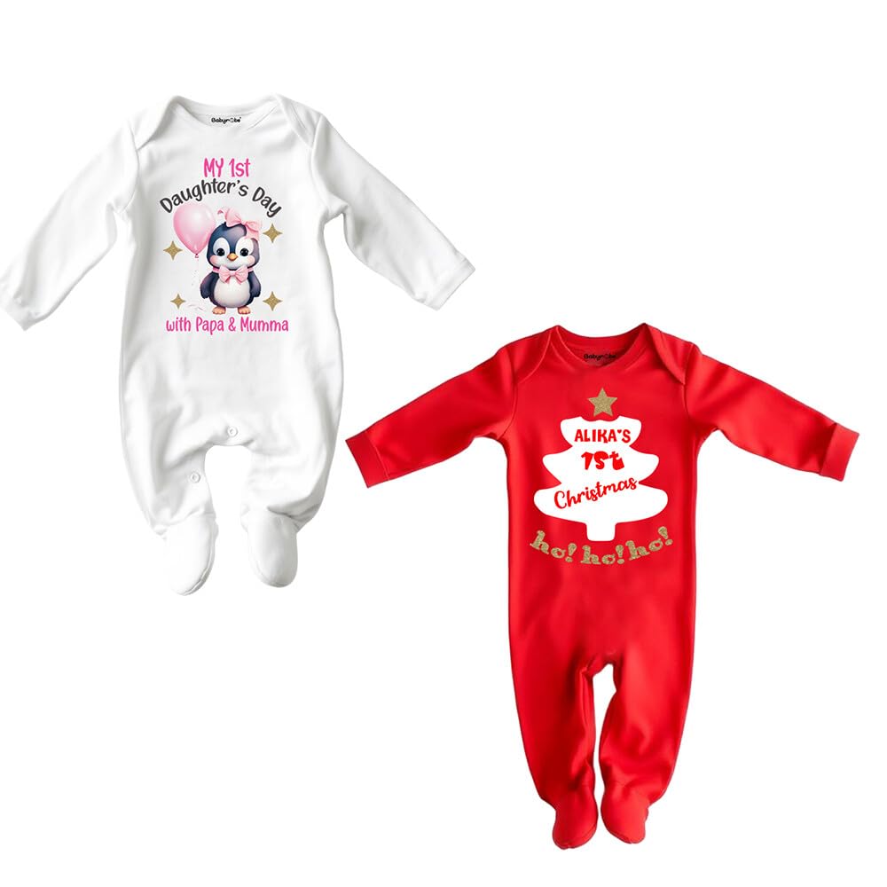 My 1st Daughter's Day Baby Jumpsuit&Babyrobe 6 Months Baby Romper,New Born Baby Customised Name Baby Dress for Girl, Combo Set -