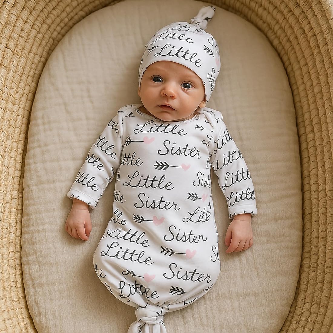 Newborn Knotted Gown 0-6 Months Girl Breathable Sleeper Gowns with Hat Set