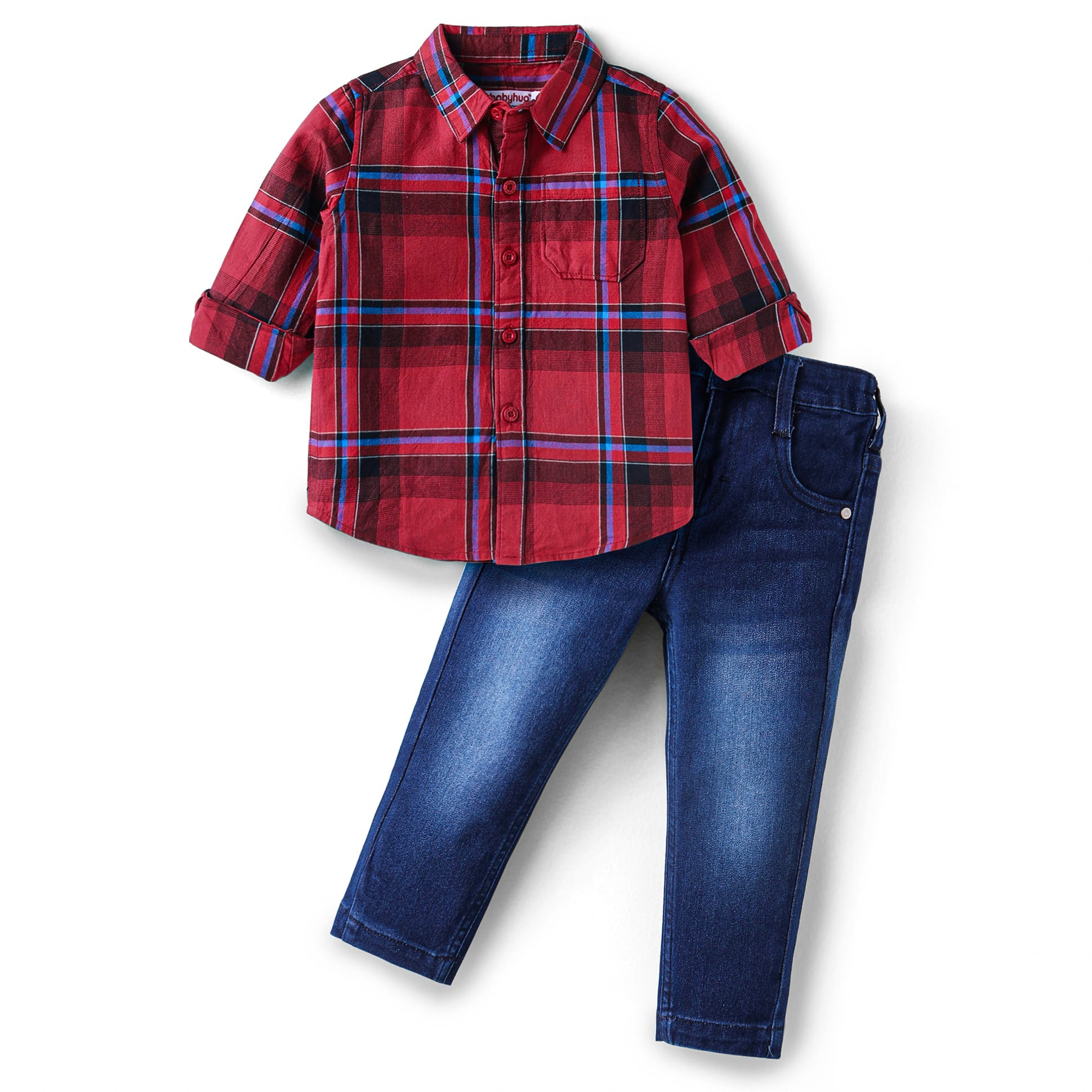 Hopscotch Baby Boys Plaid Print Full Sleeves Multicolor Jeans set