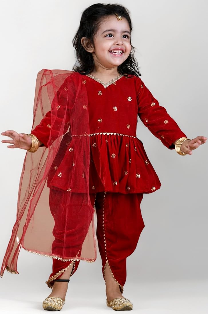 Pink full sleeves velvet V-Neck kurta and dupatta with solid dhoti | T-NGoldDH