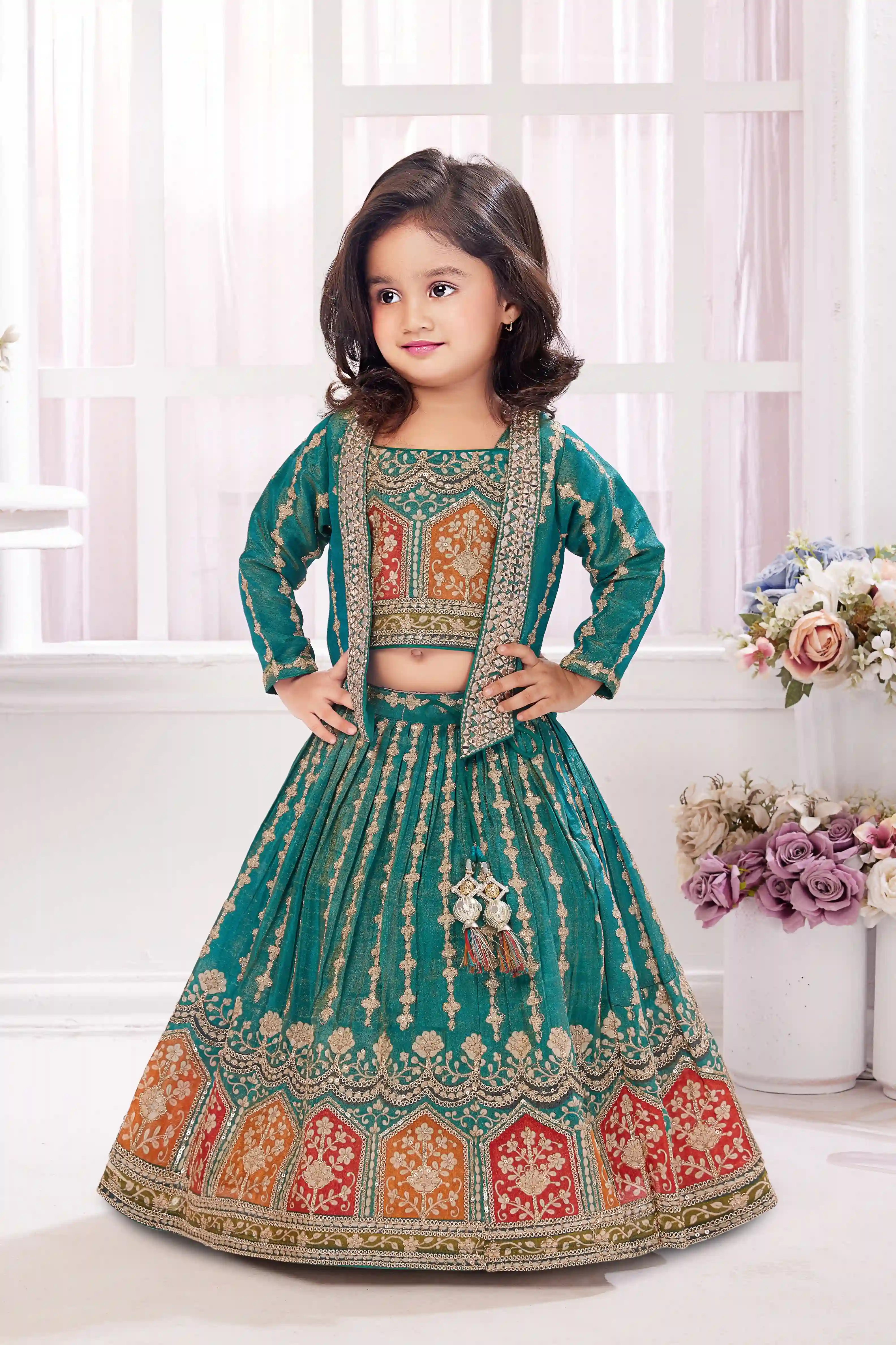 Picksparrow Baby Girl Pattu pavadai/Lehenga Choli/Hand-embroidered Traditional Ethnic Dress (LOTUS/ROSE/SUNFLOWER_STRIPES, Kasavu)