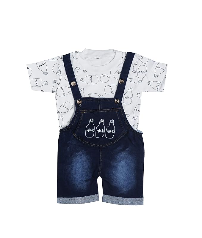 Baby Boy & Baby Girl T-Shirt with Denim Dungaree for Baby (0-3 Months) Half Sleeves Printed Denim Dungaree Set with T-Shirt, Perfect Casual Outfit for Baby Boy & Girl