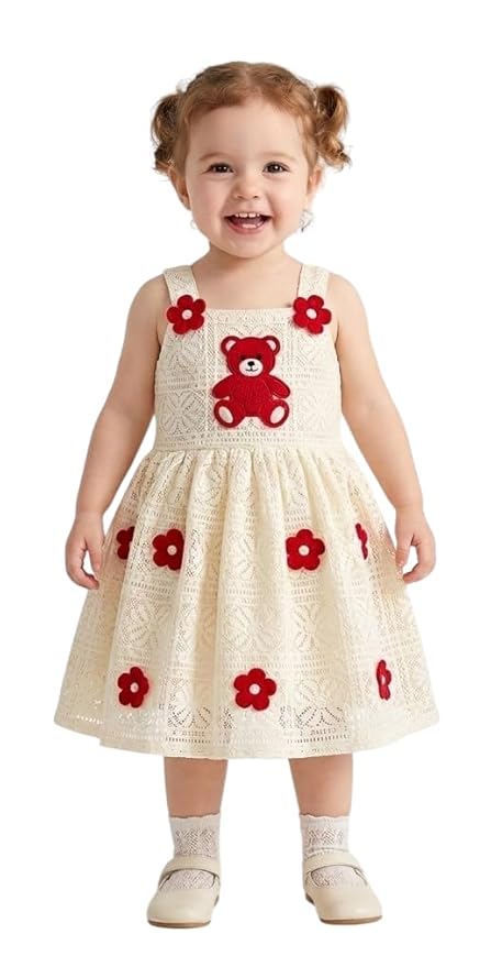 OG BABY Cute Teddy Design Knee-Length Dress for Girls| Adorable Outfit| Soft & Comfortable Fabric| Birthday Celebration Frock for Kids (White)