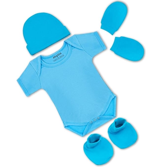 ARVESA Pack of 4 New born Baby Essentials – Cotton Romper, Cap, Booties and Mittens Set for Baby Boy & Girl 0-3 Months Red Biowash