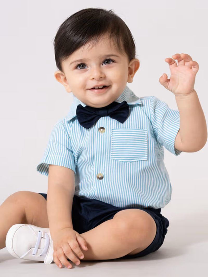 Hopscotch Boy's Cotton Blend Striped Onesie and Shorts Set