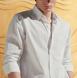 Peter England Men's Linen Blend Shirt | Subtle Stripes | Full Sleeves