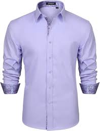 HISDERN Men's Paisley Checked Contrast Inner Lining Long Sleeve Dress Shirt Cotton Casual Button Down Shirts Business Purple/White