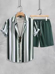 Green White LINE Design Mens Half Sleeves Cords Cotton Material
